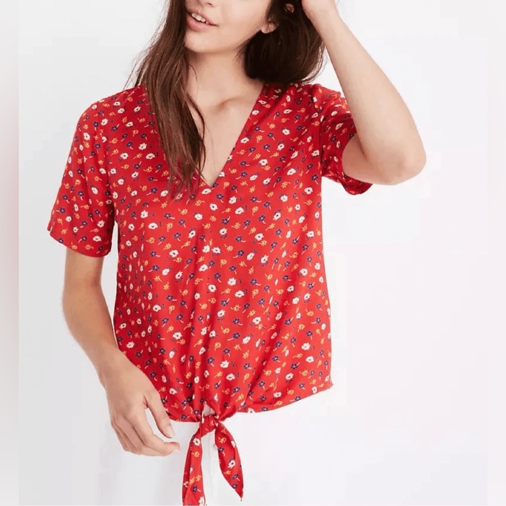 Madewell Red Prairie Posies Short Sleeve Tie-Front Top Women’s Small‎